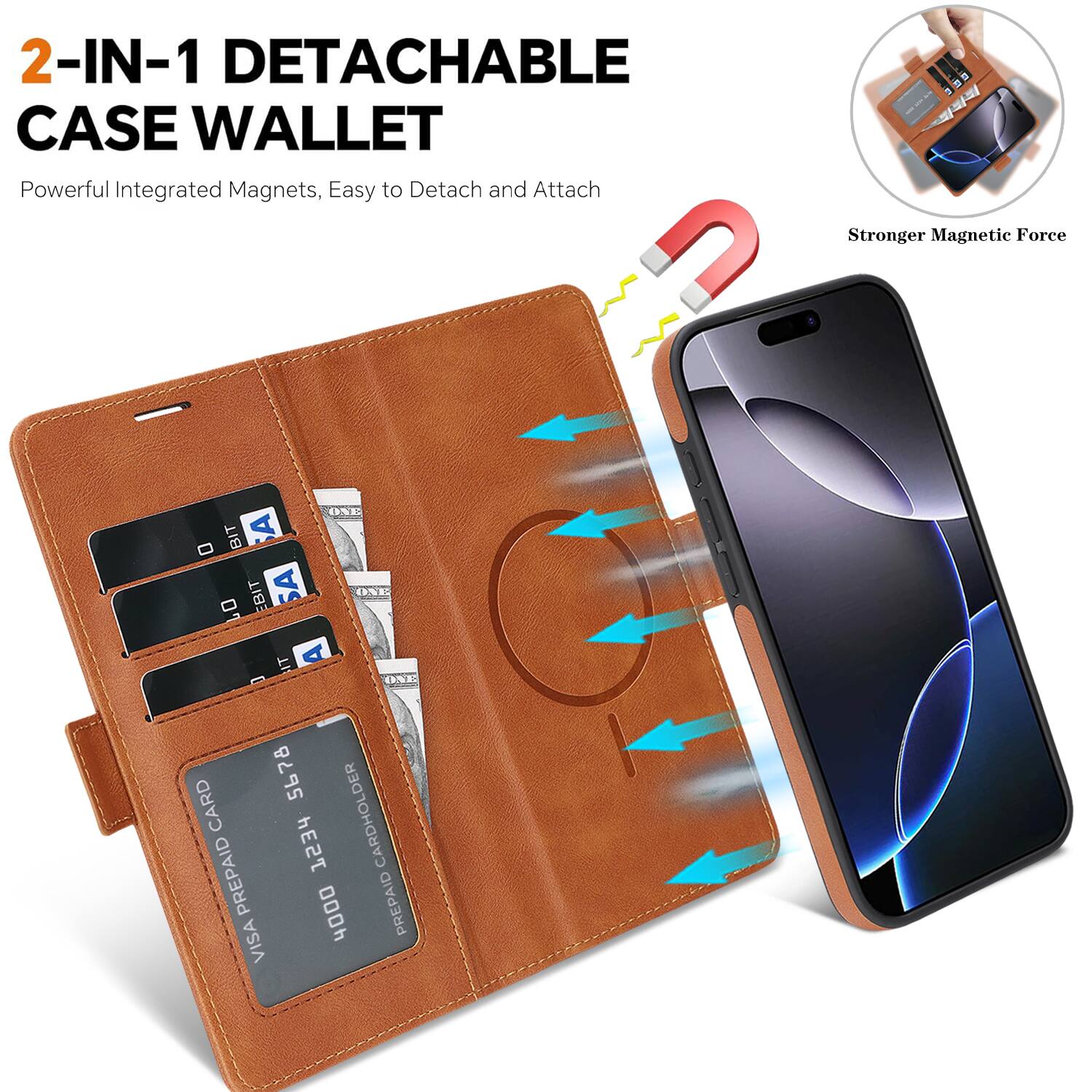 2-IN-1 DETACHABLE CASE WALLET  
Powerful Integrated Magnets, Easy to Detach and Attach  
Stronger Magnetic Force  
ONE BIT A 07 EBIT SA ONE IT A ONE CARD 5678 CARDHOLDER PREPAID 1234 VISA 4000 PREPAID