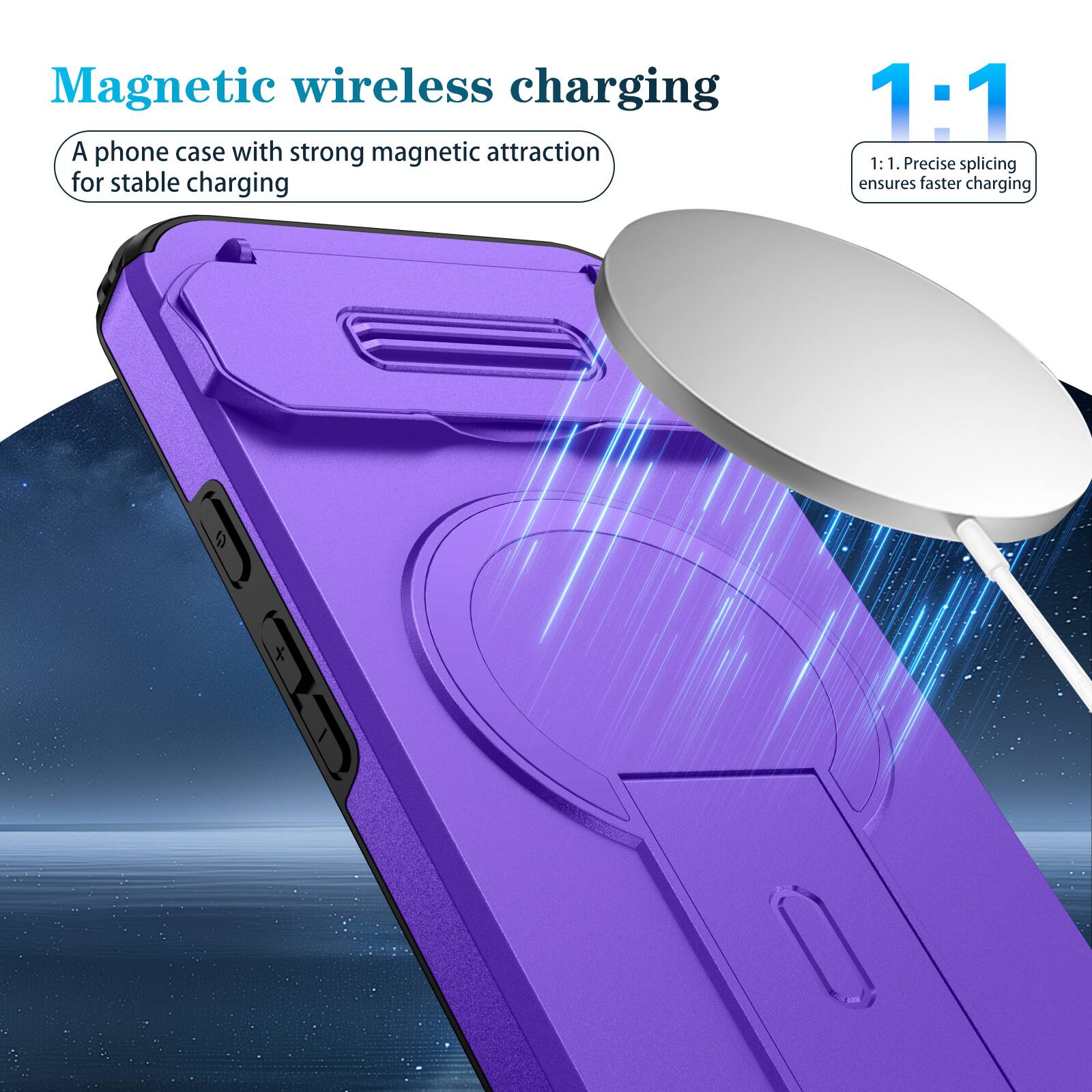 Magnetic wireless charging

A phone case with strong magnetic attraction for stable charging

1:1

1:1. Precise splicing ensures faster charging