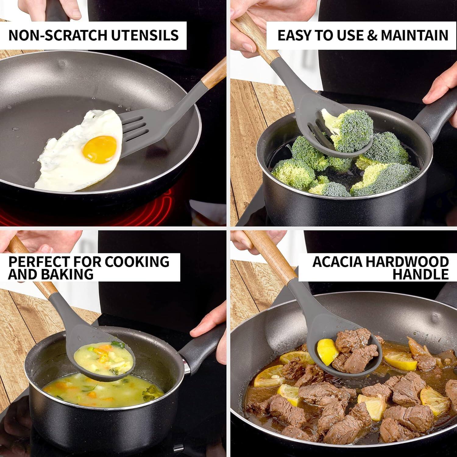 - NON-SCRATCH UTENSILS
- EASY TO USE & MAINTAIN
- PERFECT FOR COOKING AND BAKING
- ACACIA HARDWOOD HANDLE