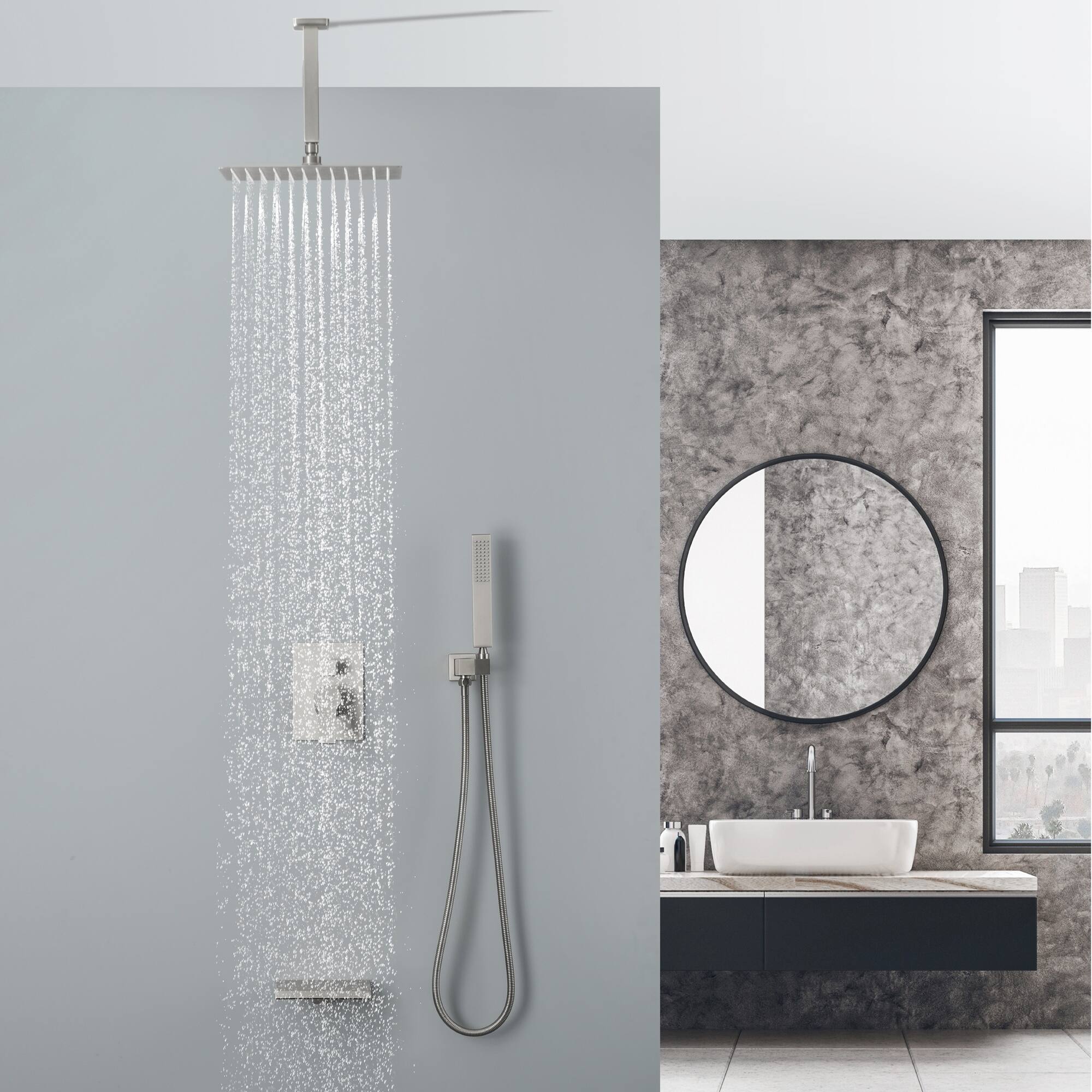 Alt View 3. Boyel Living - Brushed Nickel 12-Inch Rain Shower System Brass SUS304 3-Function Valve Waterfall Spout cUPC - Brushed Nickel.
