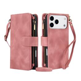 Dteck - RFID Blocking Zipper Wallet Pocket 9 Cards For iPhone 17 Pro Max PU Leather Stand Crossbody Strap Cover - Rosegold