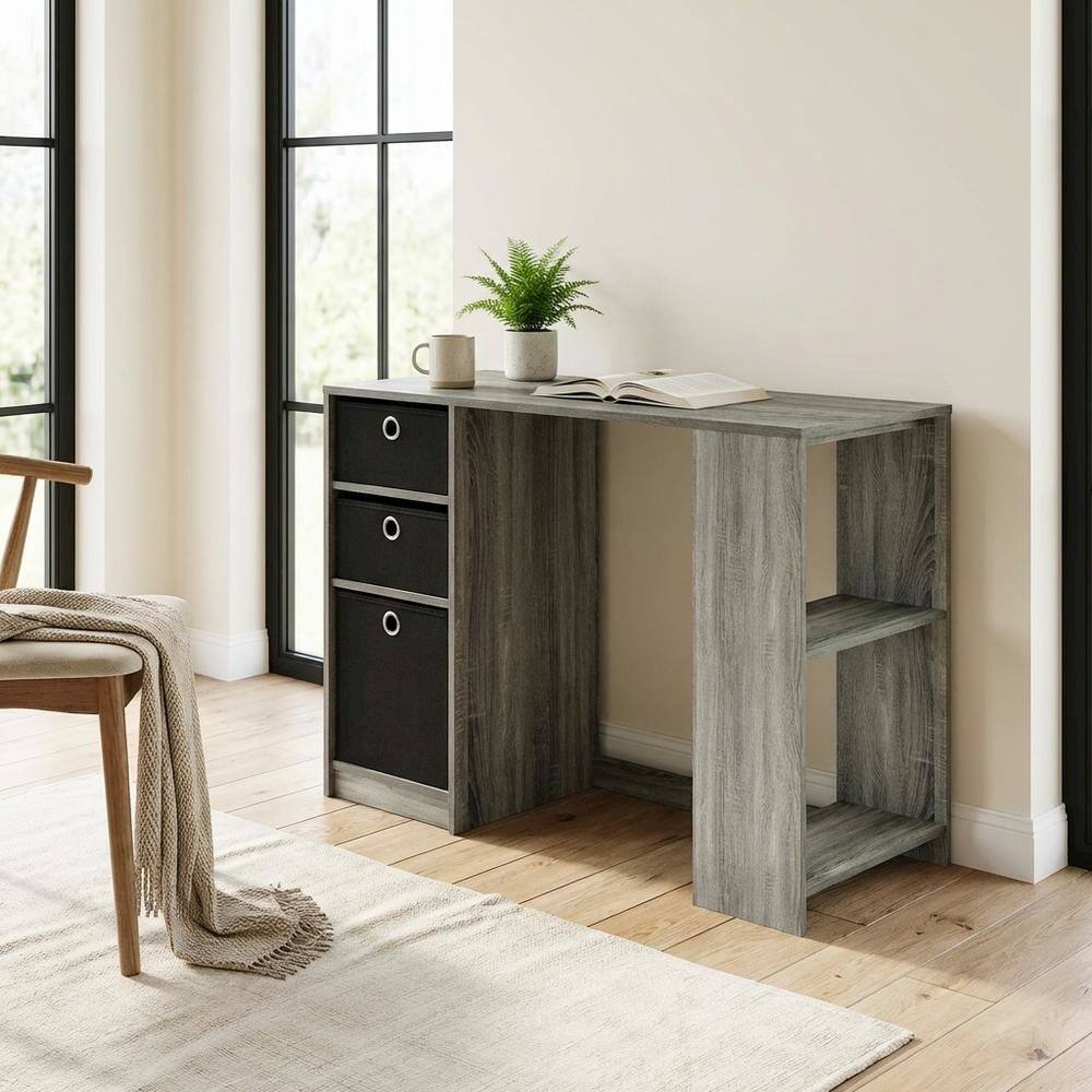 Left. BisonOffice - Modern computer desk in French Oak Grey - spacious workspace, sturdy build - French Oak Grey/Black.