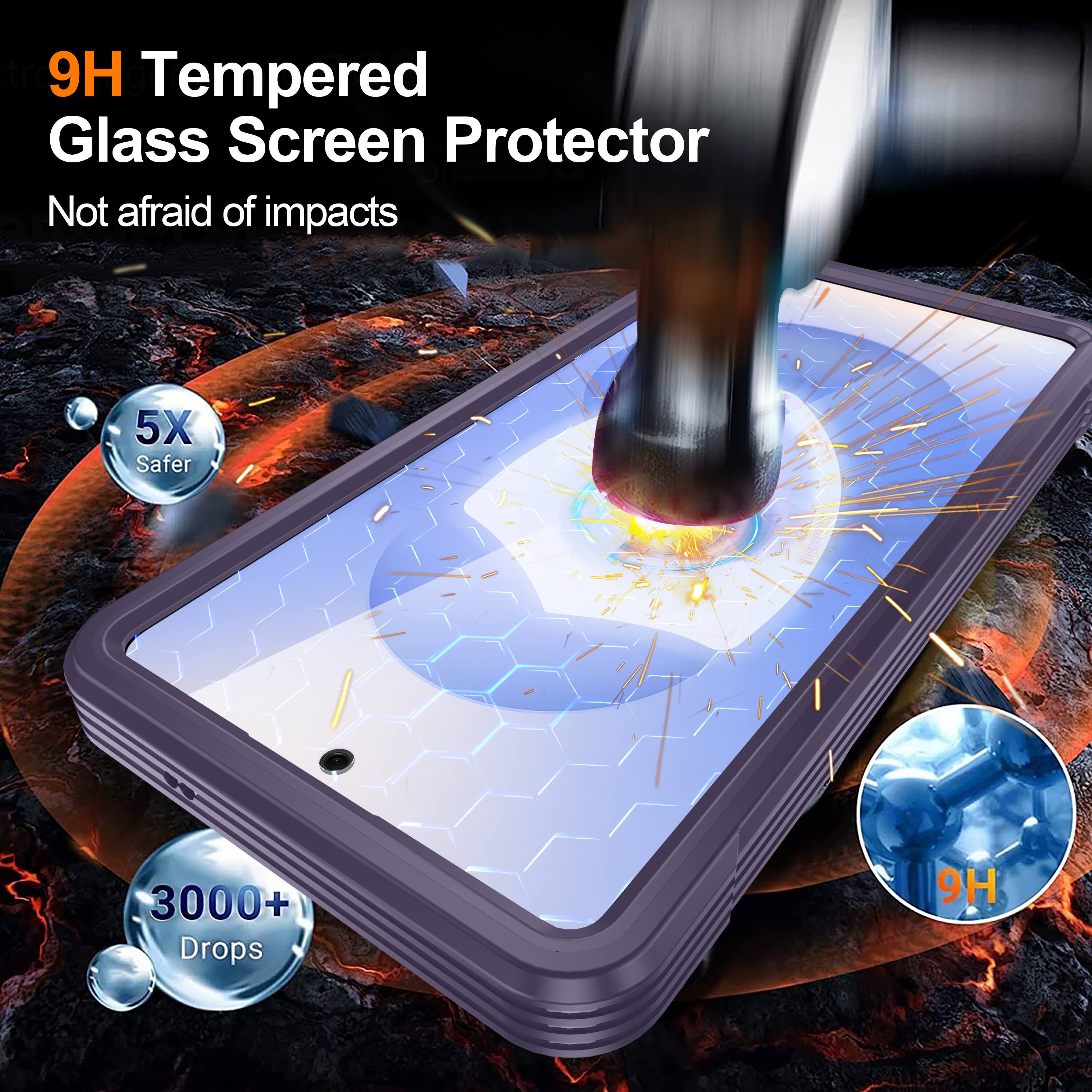 9H Tempered Glass Screen Protector  
Not afraid of impacts  
5X Safer  
3000+ Drops  
9H