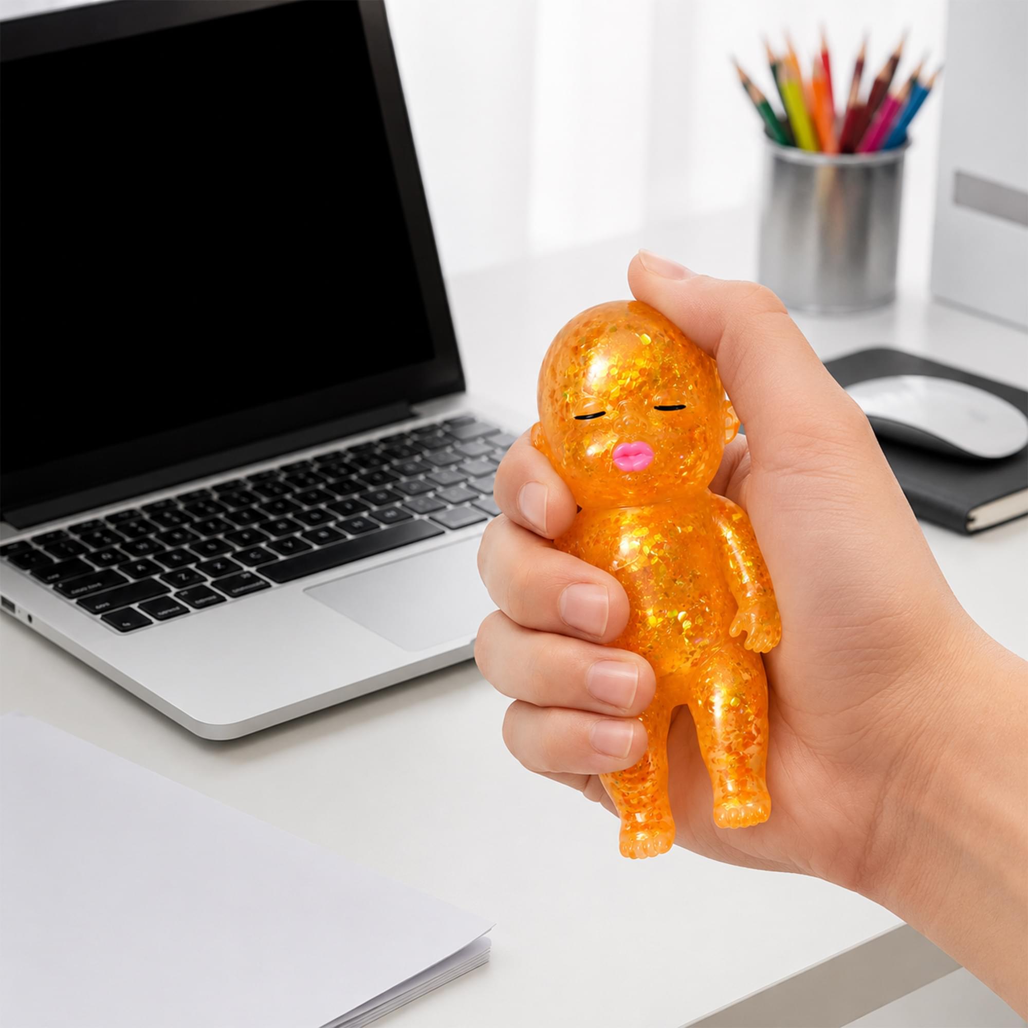 Alt View 3. Puka Creations - Squishy Glitter Baby 4-Inch Stress Reliever | Orange - Orange.