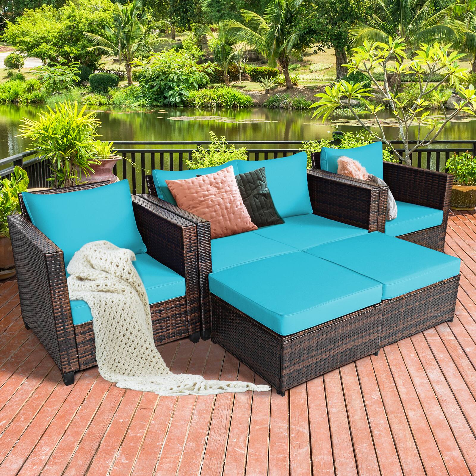 Alt View 2. Gymax - Gymax 5PCS Outdoor Patio Rattan Conversation Sofa Furniture Set w/ Turquoise Cushions - Turquoise.