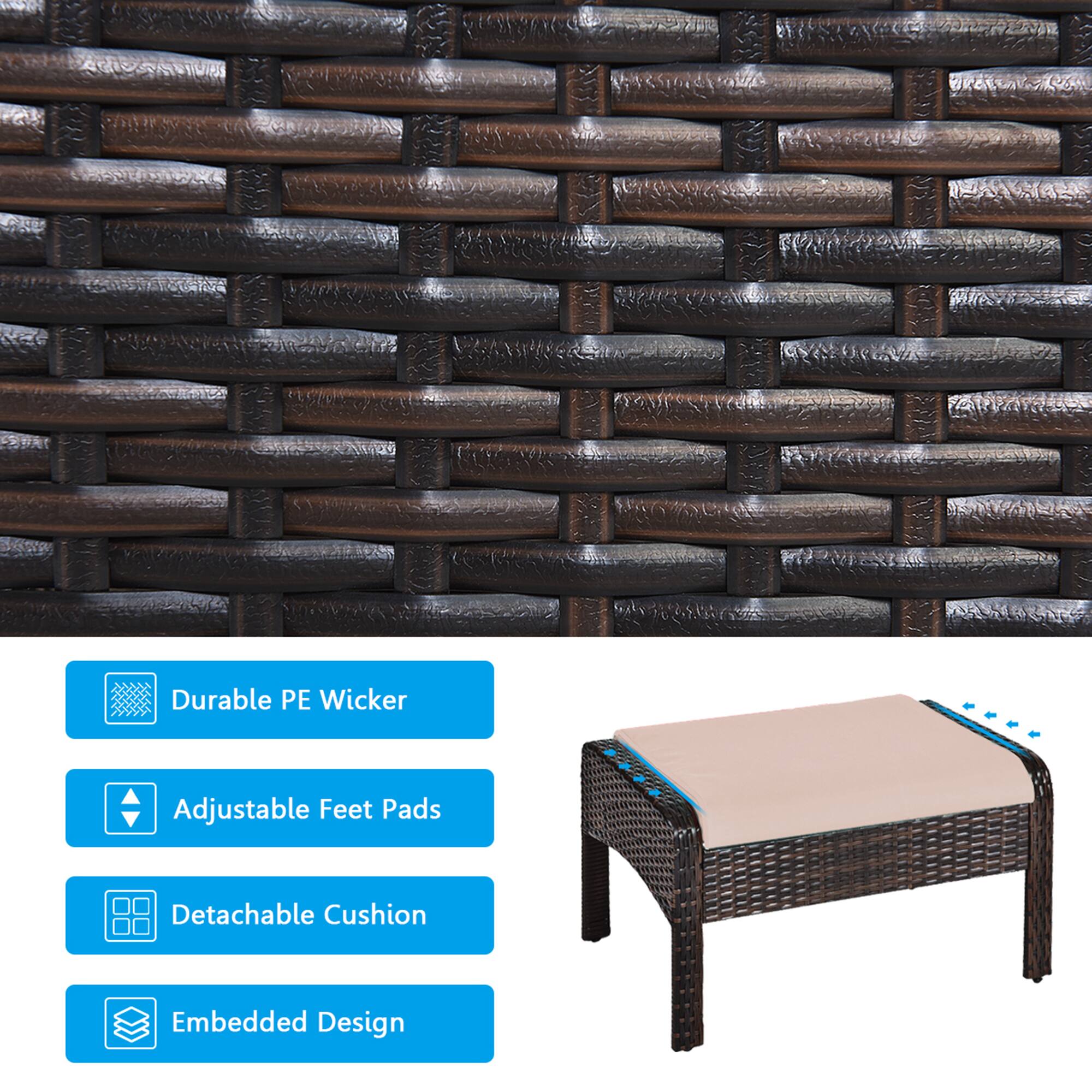 Durable PE Wicker, Adjustable Feet Pads, Detachable Cushion, Embedded Design