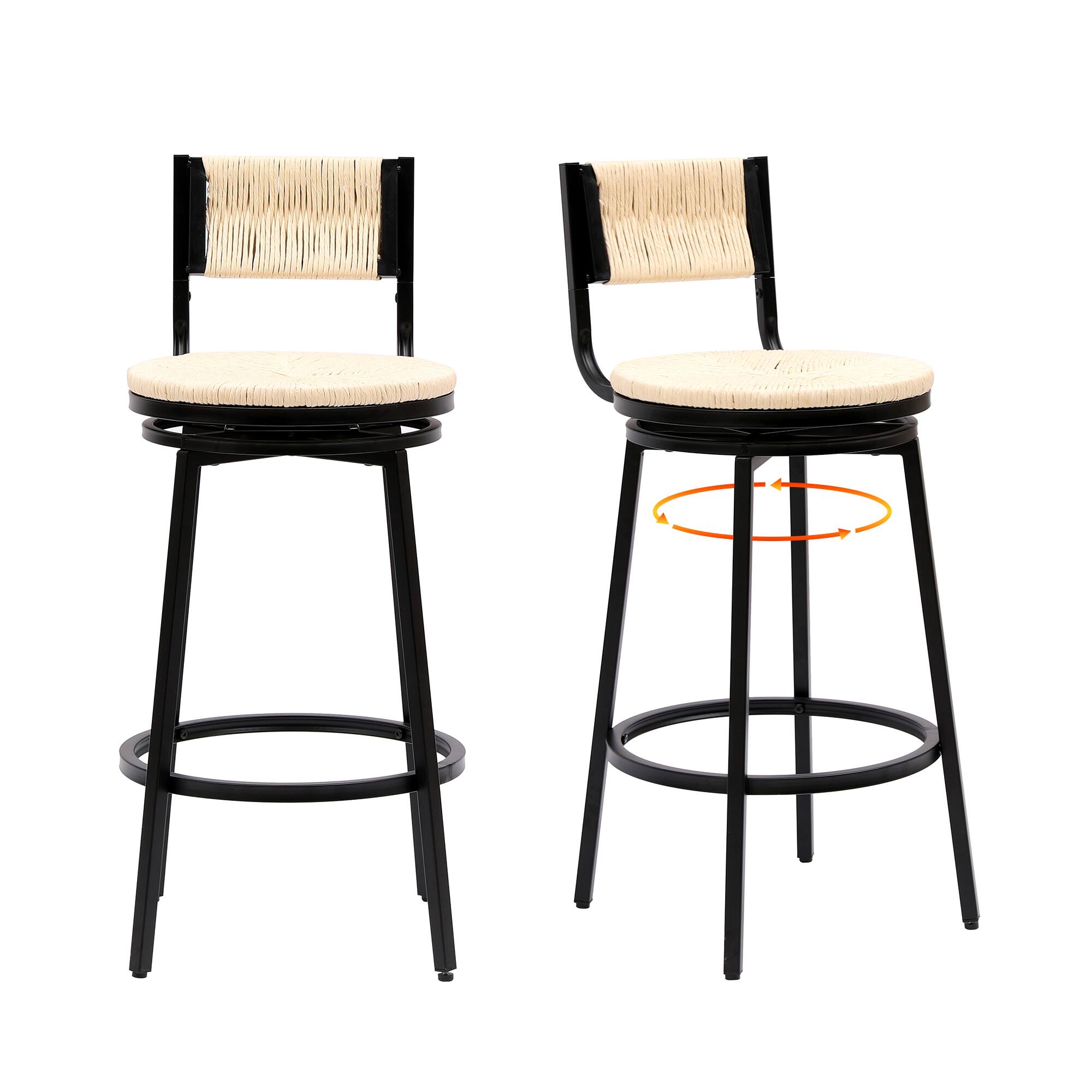 Back. APRILSOUL - Creamy White Bar Stools Swivel Counter Chairs Metal Frame Set of 2 Hand Woven Paper Rope - White.
