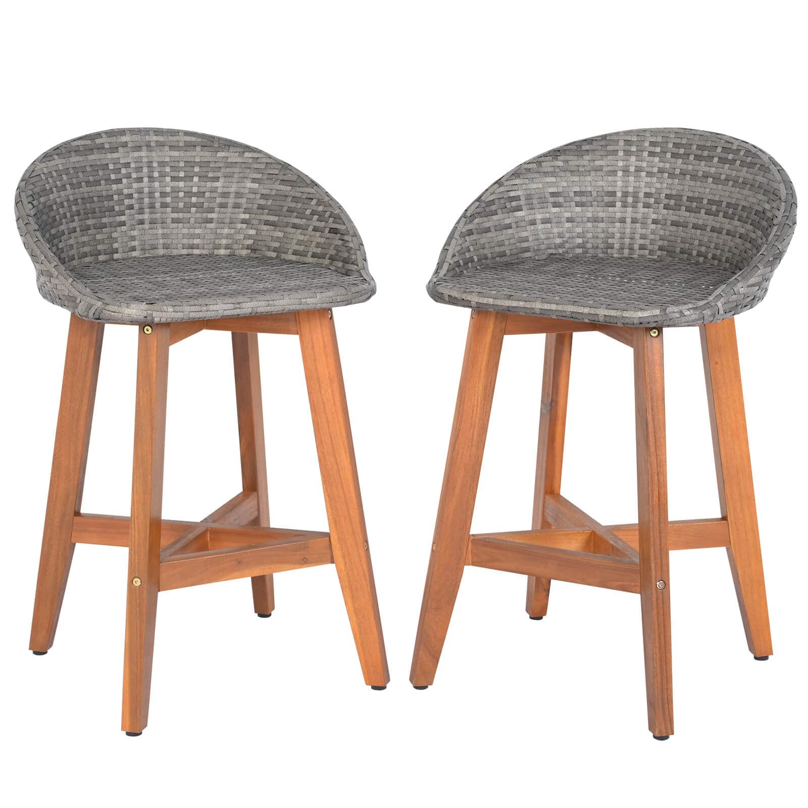 Costway - Outdoor Faux Rattan Bar Chairs Set of 2 Solid Acacia Wood Bar Stools for Porch - Natural + Gray price history on PriceWatchPro