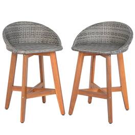 Costway - Outdoor Faux Rattan Bar Chairs Set of 2 Solid Acacia Wood Bar Stools for Porch - Natural + Gray