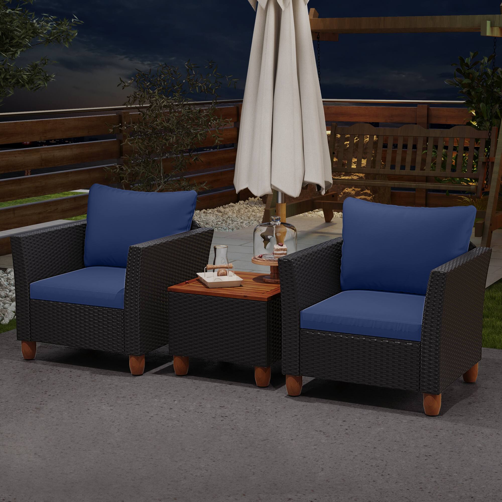Alt View 4. Costway - Costway 3PCS Patio Rattan Furniture Set Cushioned Sofa Storage Table Wood Top - Navy.