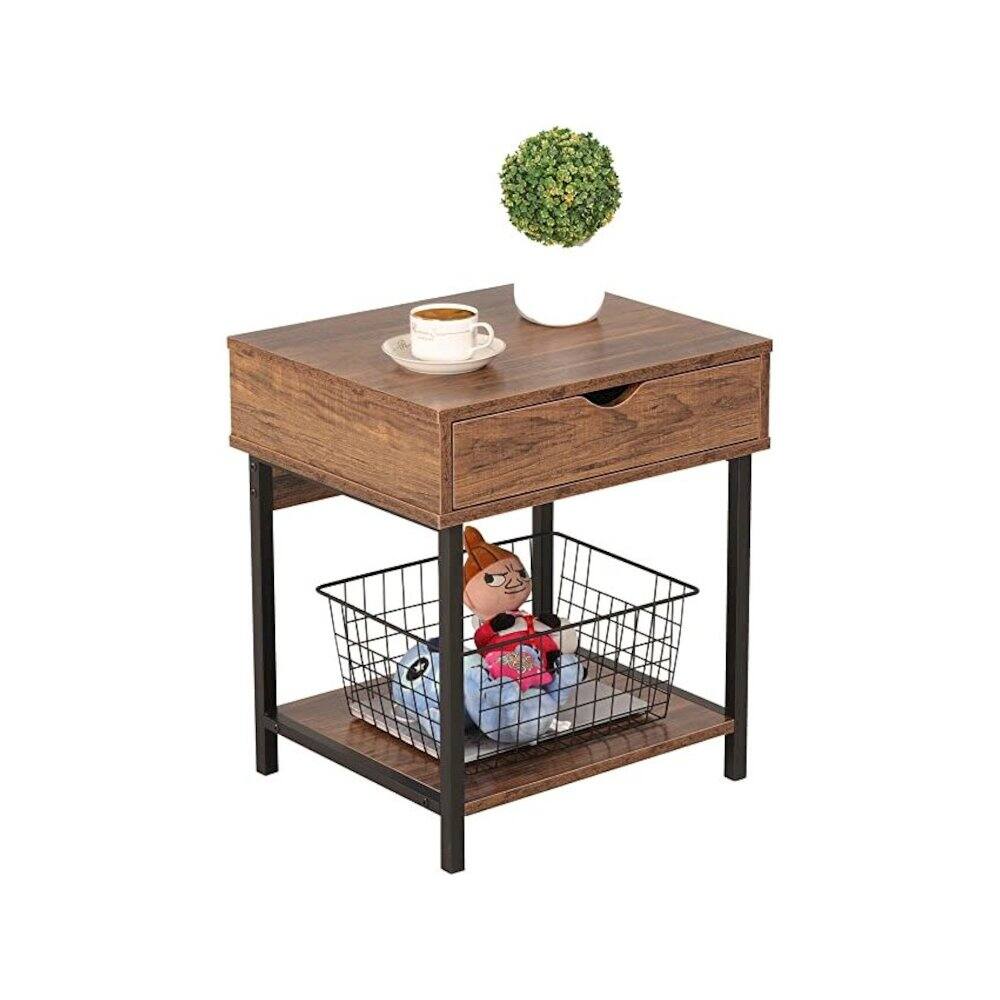 Back. JJS - Bedside Table With Drawer And Storage Shelves - Brown.