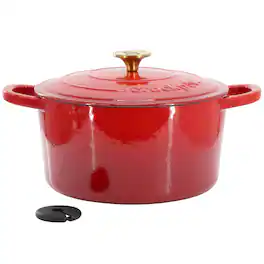 Crockpot - Artisan 6 Quart Enameled Cast Iron Dutch Oven in Gradient Red with Gold Handle - Gradient Red, Gold