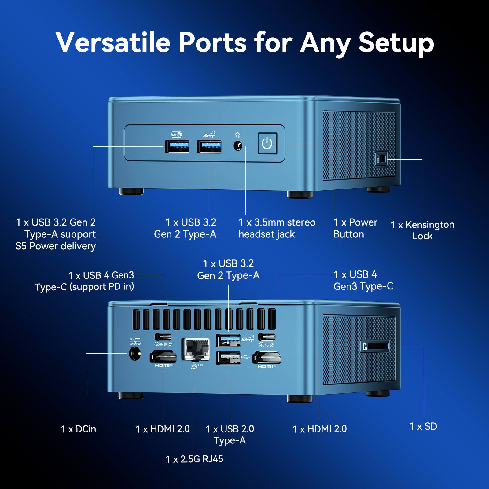 Versatile Ports for Any Setup

- 1 x USB 3.2 Gen 2 Type-A support S5 Power delivery
- 1 x USB 4 Gen3 (support PD in)
- 1 x USB 3.2
- 1 x 3.5mm stereo headset jack
- 1 x USB 3.2 Gen 2 Type-A
- 1 x Power
- 1 x Kensington Button Lock
- 1 x USB 4 Gen3 Type-C
- 1 x DCin
- 1 x HDMI 2.0
- 1 x USB 2.0 Type-A
- 1 x 2.5G RJ45
- 1 x HDMI 2.0
- 1 x SD