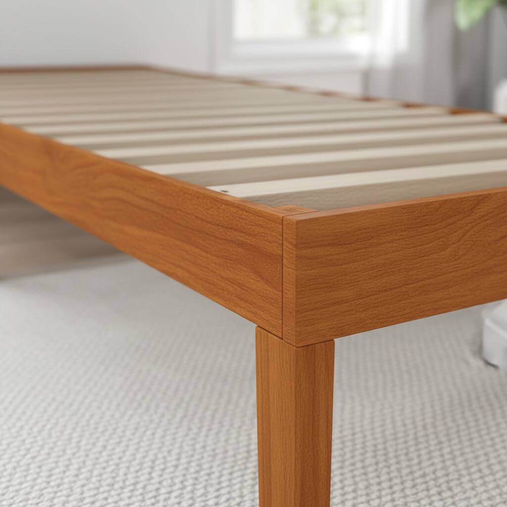 Left. AOITUN - Twin Solid Wood Platform Bed Frame, Low Profile 12 Inch, No Box Spring Needed, Minimalist Design for Dorm & Guest Room - brown.