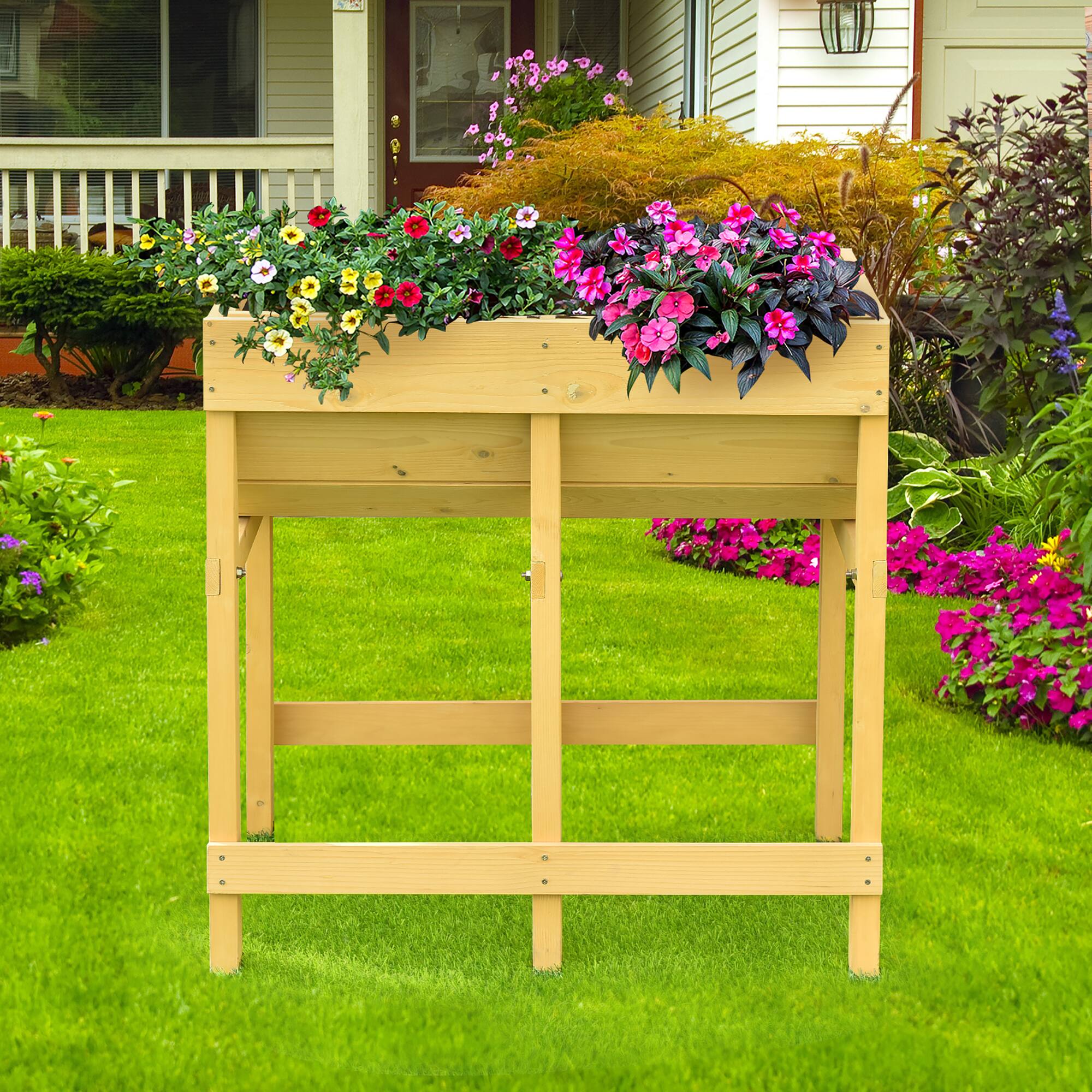 Alt View 5. Costway - Raised Wooden V Planter Elevated Vegetable Flower Bed Free Standing Planting with liner - Yellow.