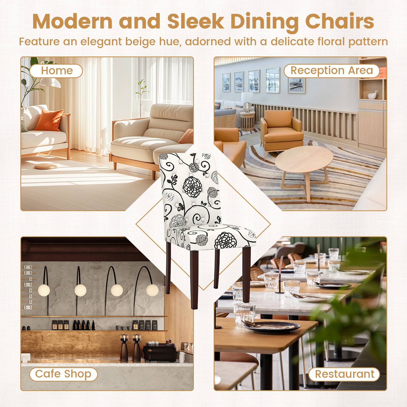 Modern and Sleek Dining Chairs  
Feature an elegant beige hue, adorned with a delicate floral pattern  

Home  
Reception Area  
Cafe Shop  
Restaurant