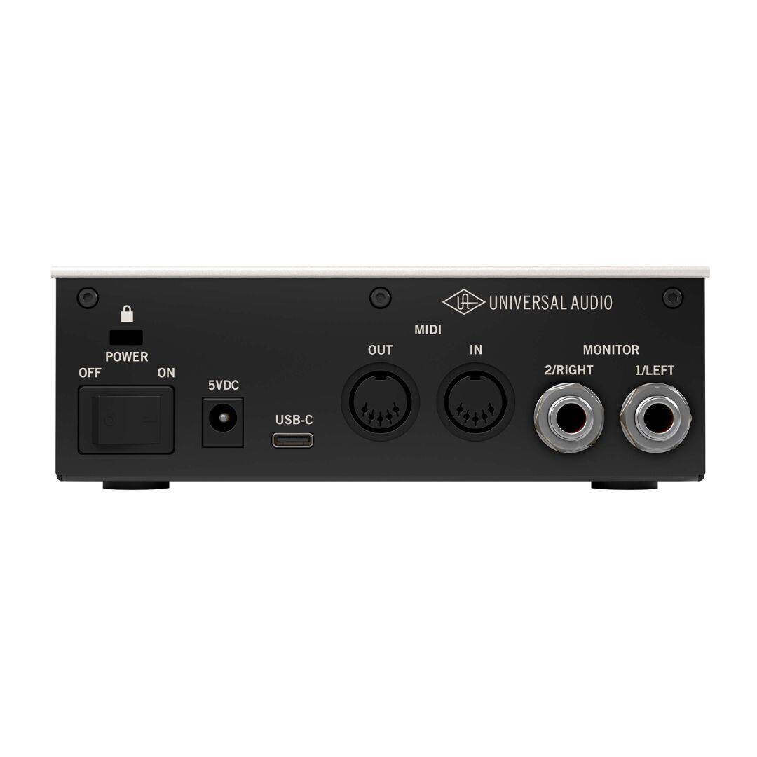 A UNIVERSAL AUDIO POWER OFF ON 5VDC OUT MIDI IN MONITOR 2/RIGHT 1/LEFT USB-C