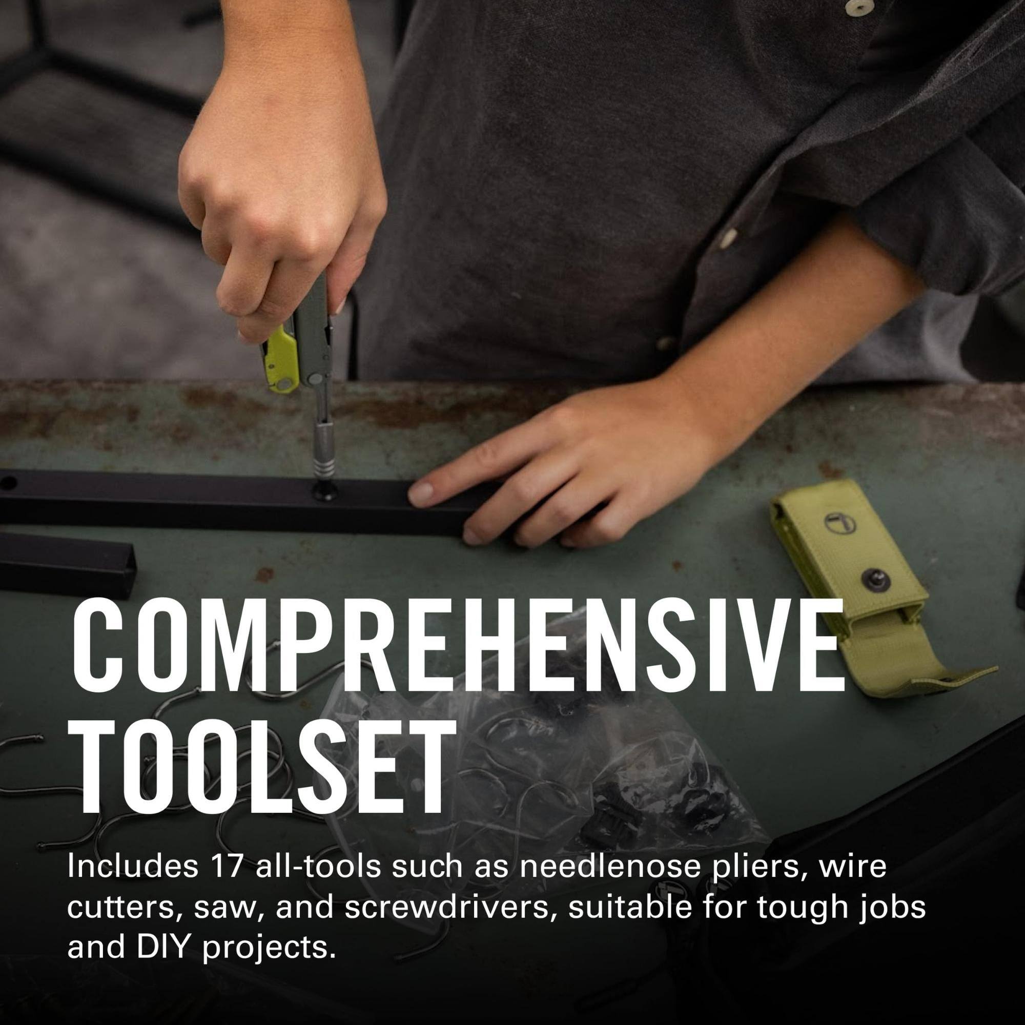 COMPREHENSIVE TOOLSET Includes 17 all-tools such as needlenose pliers, wire cutters, saw, and screwdrivers, suitable for tough jobs and DIY projects.
