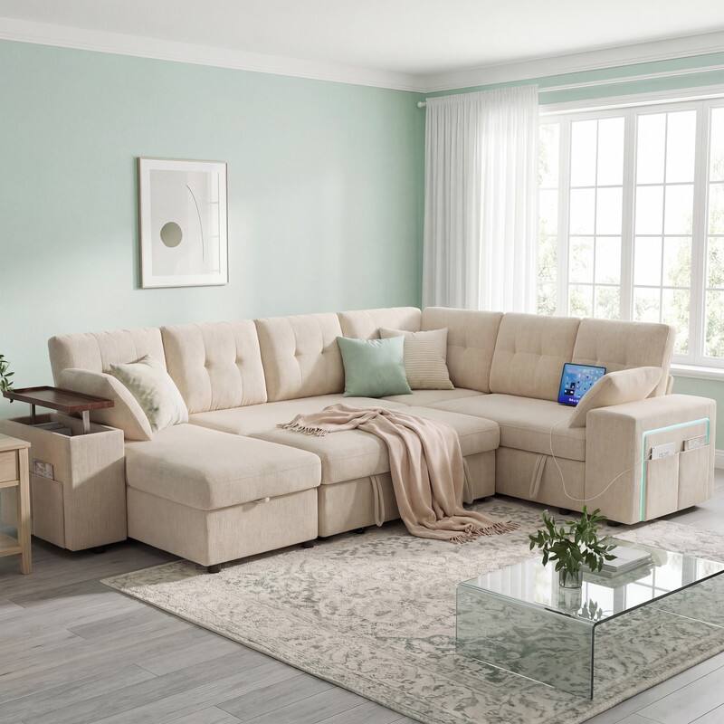 Alt View 5. Dyonery - 112" Modular Sofa Set, L-Shaped 7-Seater Sofa Bed / With Height-Adjustable Storage Chaise Armrests / USB/LED Light. - Beige.