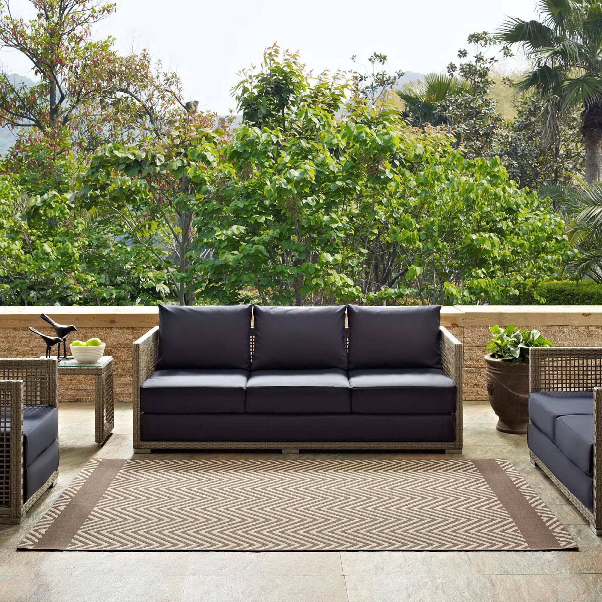 Left. Modway - Optica Chevron With End Borders Indoor and Outdoor Area Rug - Light and Dark Beige.