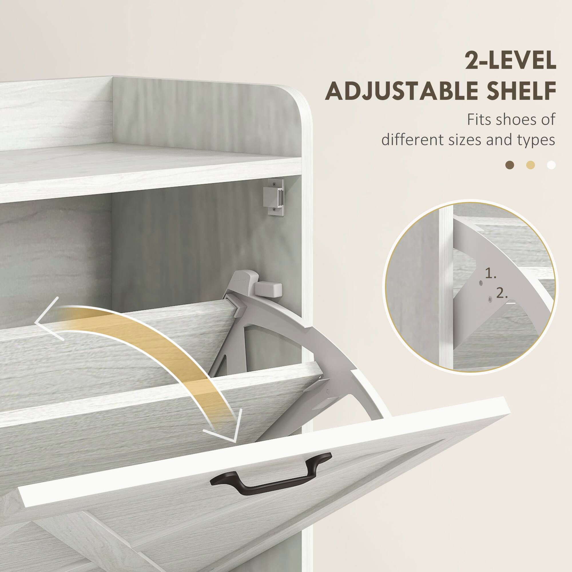 2-LEVEL ADJUSTABLE SHELF  
Fits shoes of different sizes and types  

1.  
2.