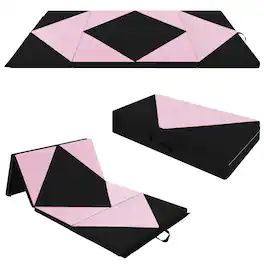 Costway - Folding Gymnastics Mat 8' x 4' x 2" PU Leather Tumbling Exercise Mat Yoga Gym - Light Pink,Black