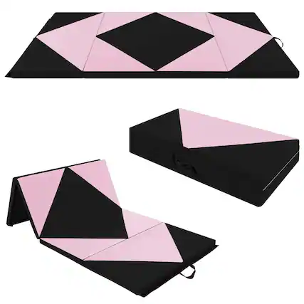 Front. Costway - Costway Folding Gymnastics Mat 8' x 4' x 2" PU Leather Tumbling Exercise Mat Yoga Gym - Light Pink+Black.