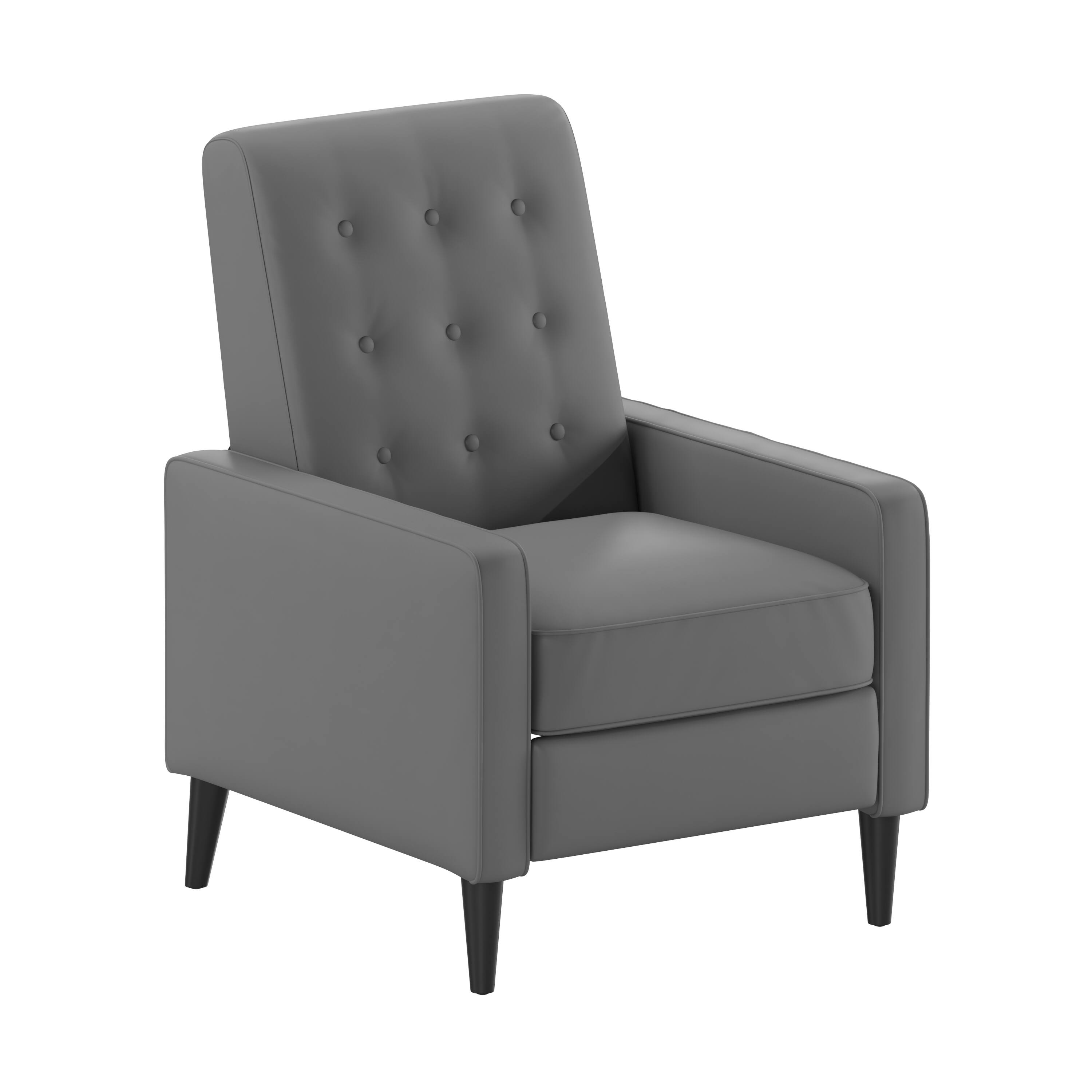 Front. Emma + Oliver - Jules Mid-Century Modern Button Tufted Upholstered Easy Pushback Recliner with Wooden Legs - Light Gray.