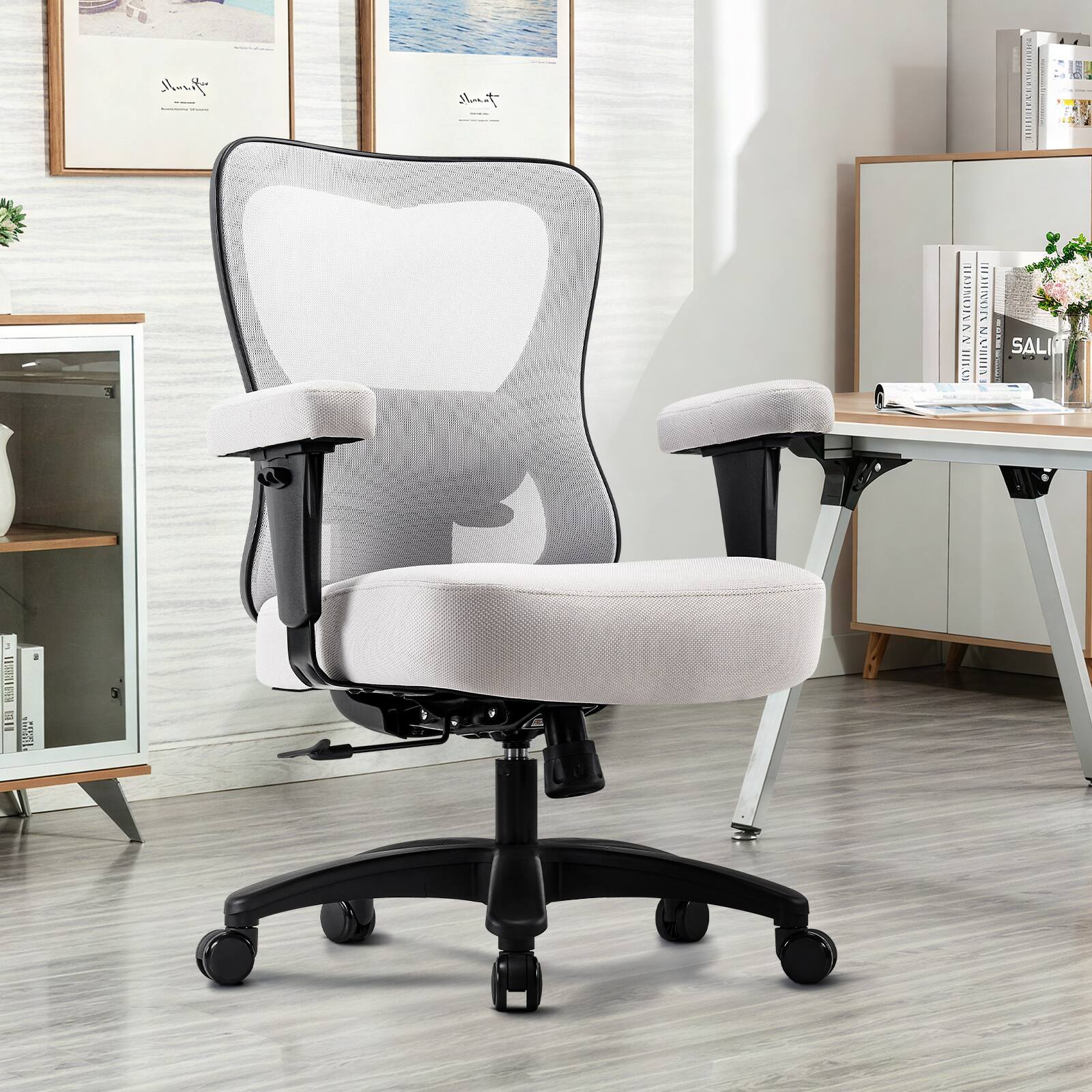 APRILSOUL - Large Ergonomic Executive Chair for Heavy Duty People Desk Task Chair with Wheels Thick Seat Cushion Chair - Light Gray