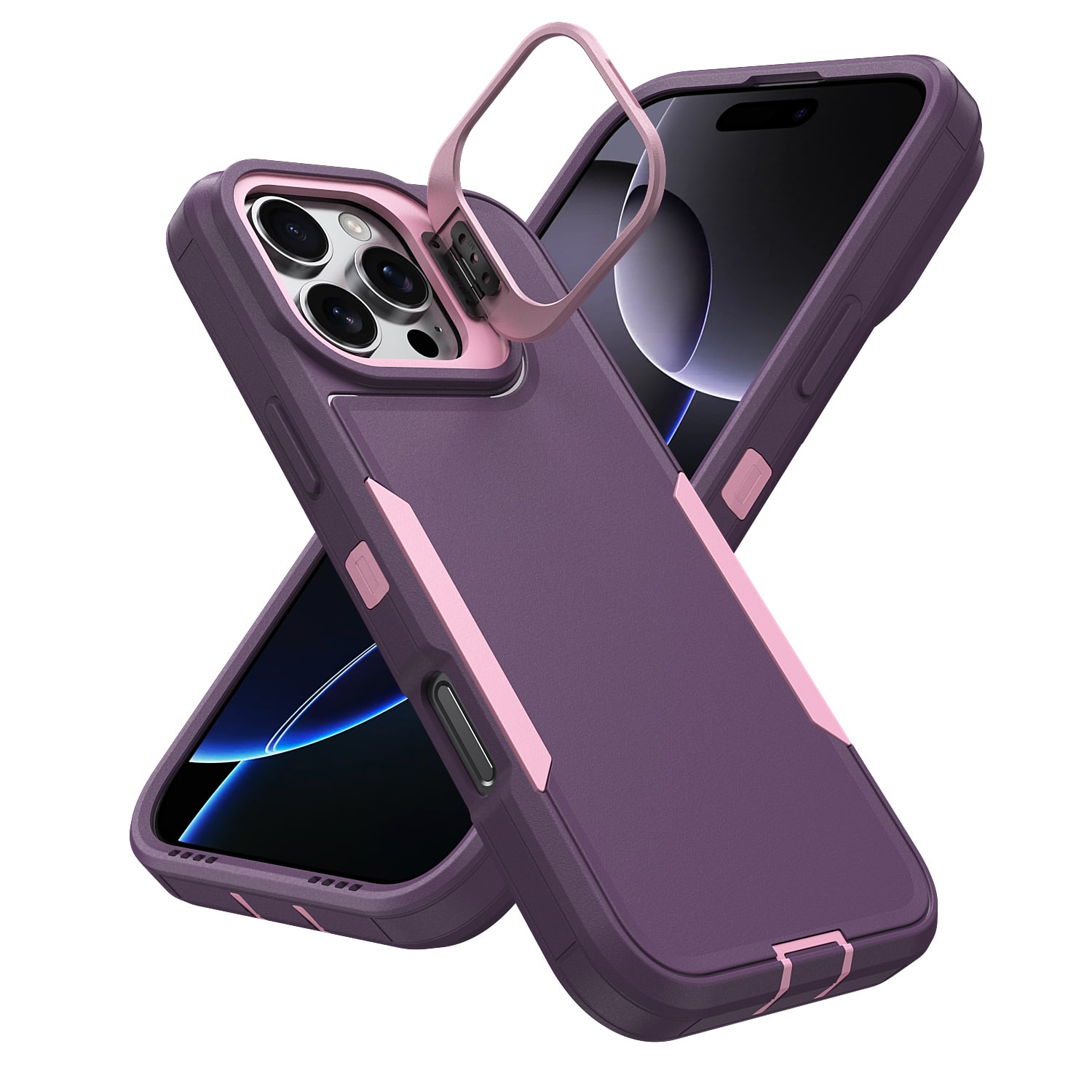 Dteck - For Apple iPhone 16 Pro Max Rugged Case, Heavy Duty Dual Layer Shockproof Lens Kickstand Drop Protection Cover - Purple