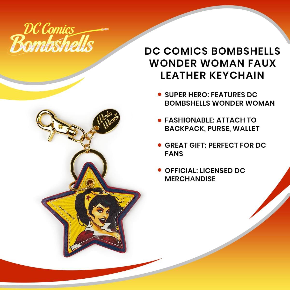 DC Comics Bombshells DC COMICS BOMBSHELLS WONDER WOMAN FAUX LEATHER KEYCHAIN

- SUPER HERO: FEATURES DC BOMBSHELLS WONDER WOMAN
- FASHIONABLE: ATTACH TO BACKPACK, PURSE, WALLET
- GREAT GIFT: PERFECT FOR DC FANS
- OFFICIAL: LICENSED DC MERCHANDISE
