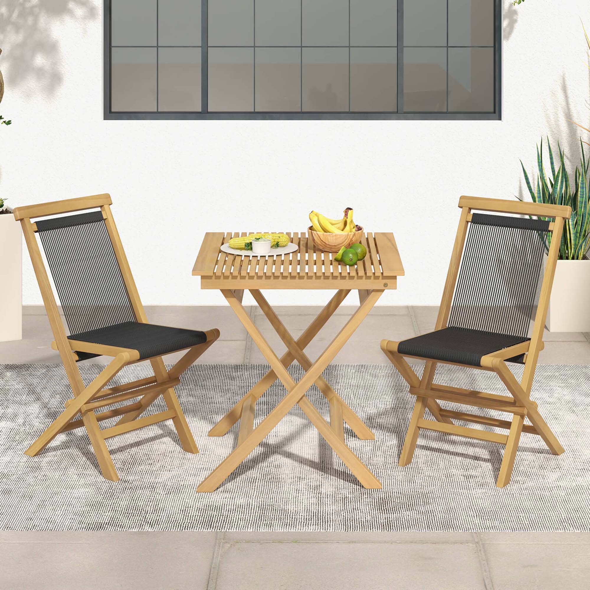 Back. Costway - 4 PCS Patio Folding Chairs with Woven Rope Seat & Back Indonesia Teak Wood for Porch - Natural + Black.