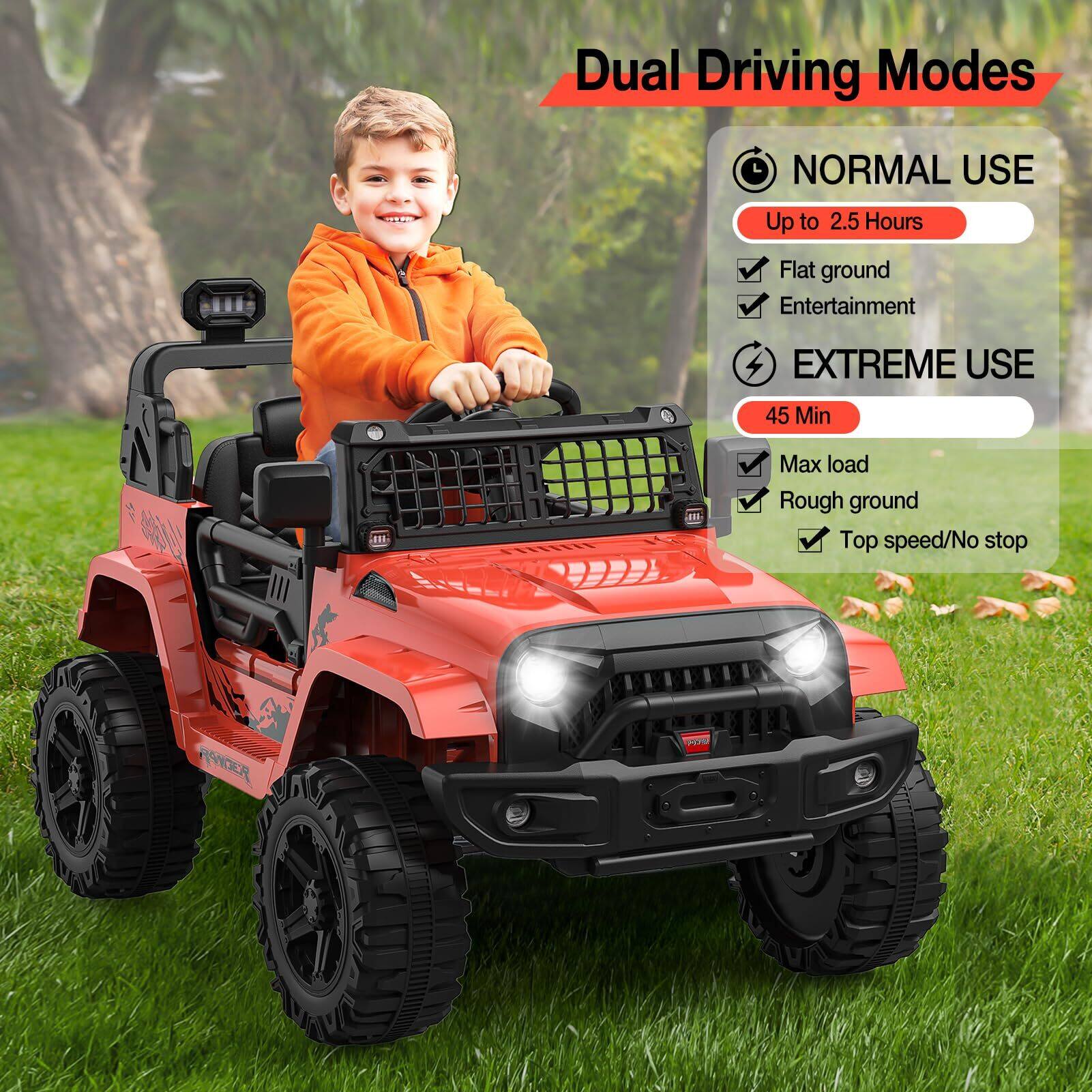 Dual Driving Modes

NORMAL USE
- Up to 2.5 Hours
- Flat ground
- Entertainment

EXTREME USE
- 45 Min
- Max load
- Rough ground
- Top speed/No stop