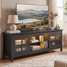 Aheaplus - 55.1'' Farmhouse TV Stand with Power Outlets and LED Lights, Wood Entertainment Center Fits TVs Up to 60 Inches - Black
