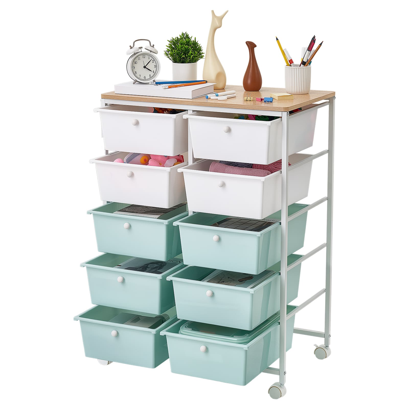 VEVOR - Rolling Cart with Drawers, Double Row 10 Drawer Storage Organizer, Mobile Utility Cart, Wood Top, Steel Frame - White;Blue price history on PriceWatchPro