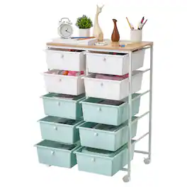 VEVOR - Rolling Cart with Drawers, Double Row 10 Drawer Storage Organizer, Mobile Utility Cart, Wood Top, Steel Frame - White;Blue