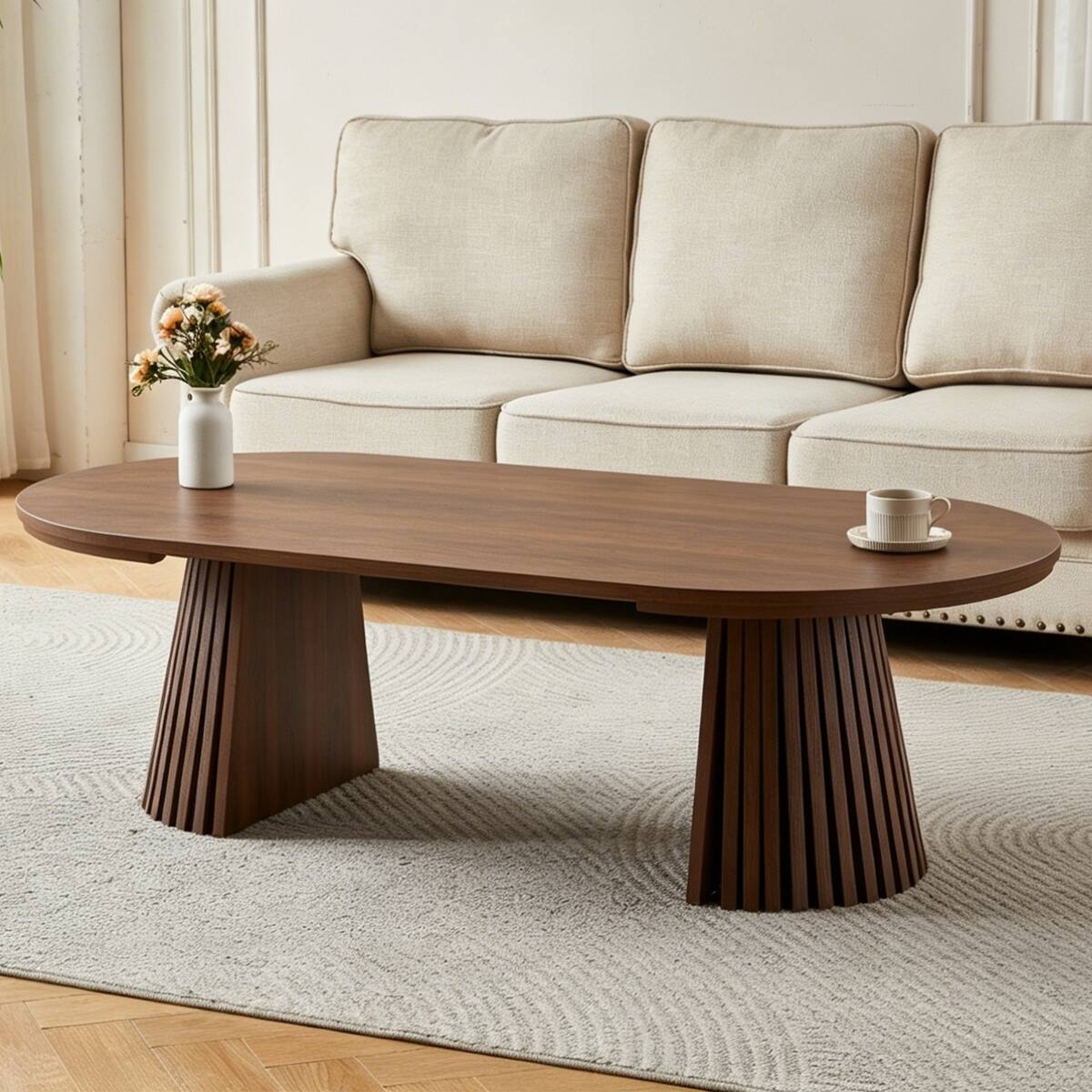 Alt View 4. Loheer - Loheer Walnut-Colored Oval Coffee Table, Extendable Wooden Table for Dining or Living Room - Walnut.