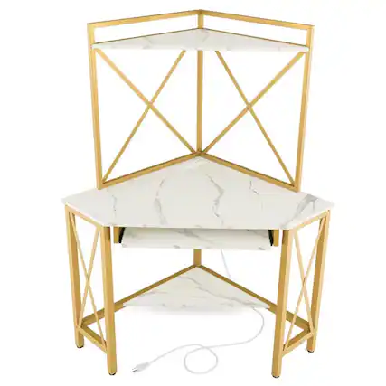 Front. Kadyn - Space-Saving Corner Computer Desk with with Hutch and Keyboard Tray-White, Home Office Desks, Gaming Computer Desks - White.