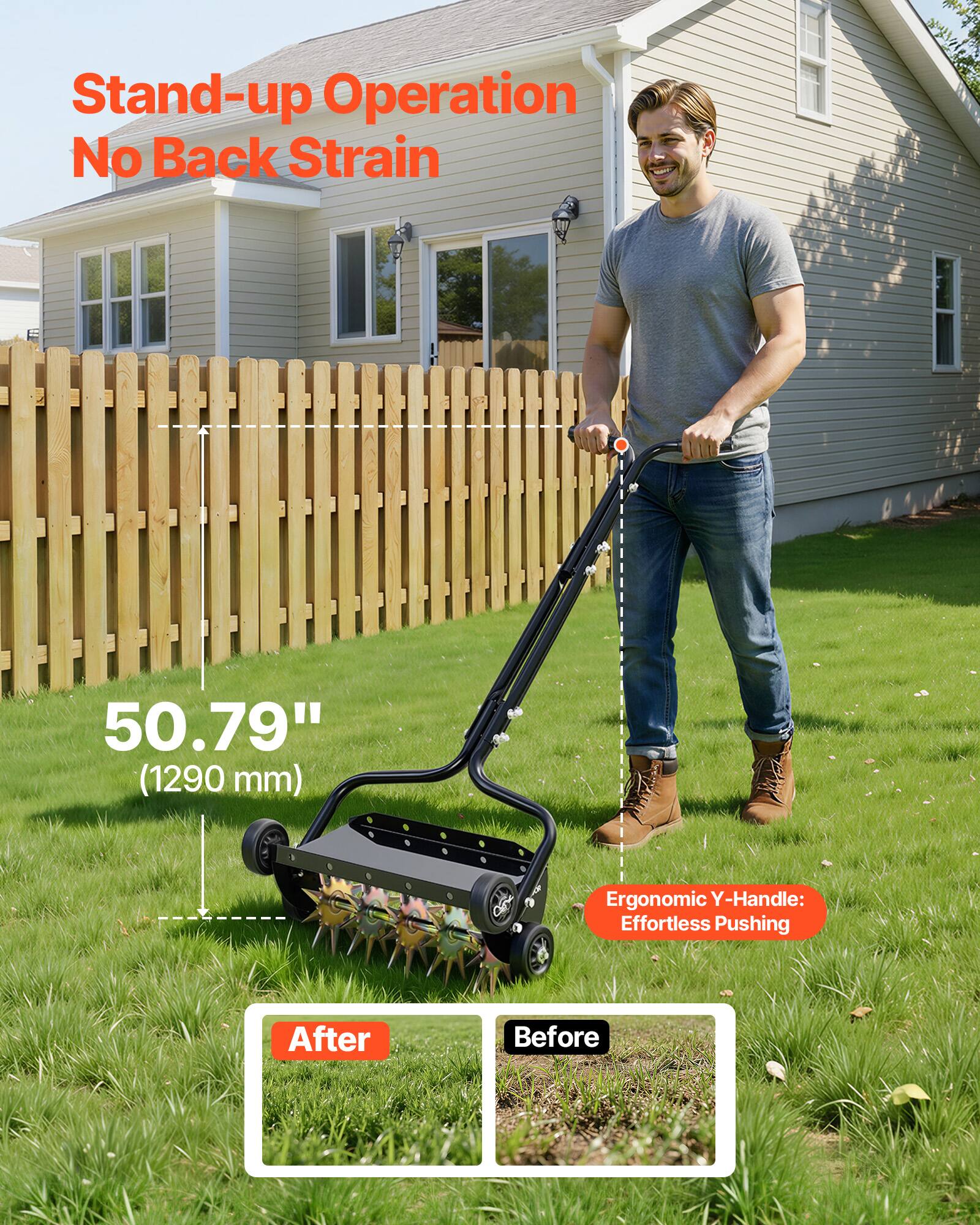 Stand-up Operation No Back Strain  
50.79" (1290 mm)  
Ergonomic Y-Handle: Effortless Pushing  
After  
Before