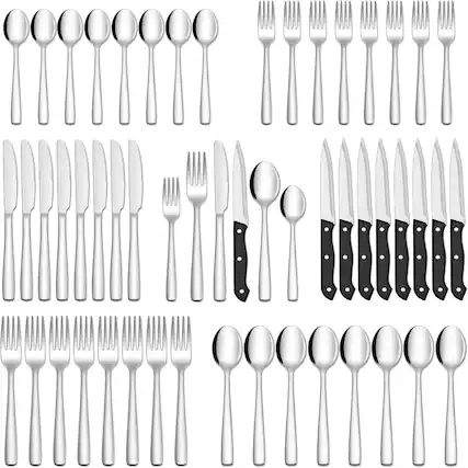 Front. Dazzed Corner - 48-Piece Silverware Set for 8, Stainless Steel Flatware Cutlery Set - Silver.