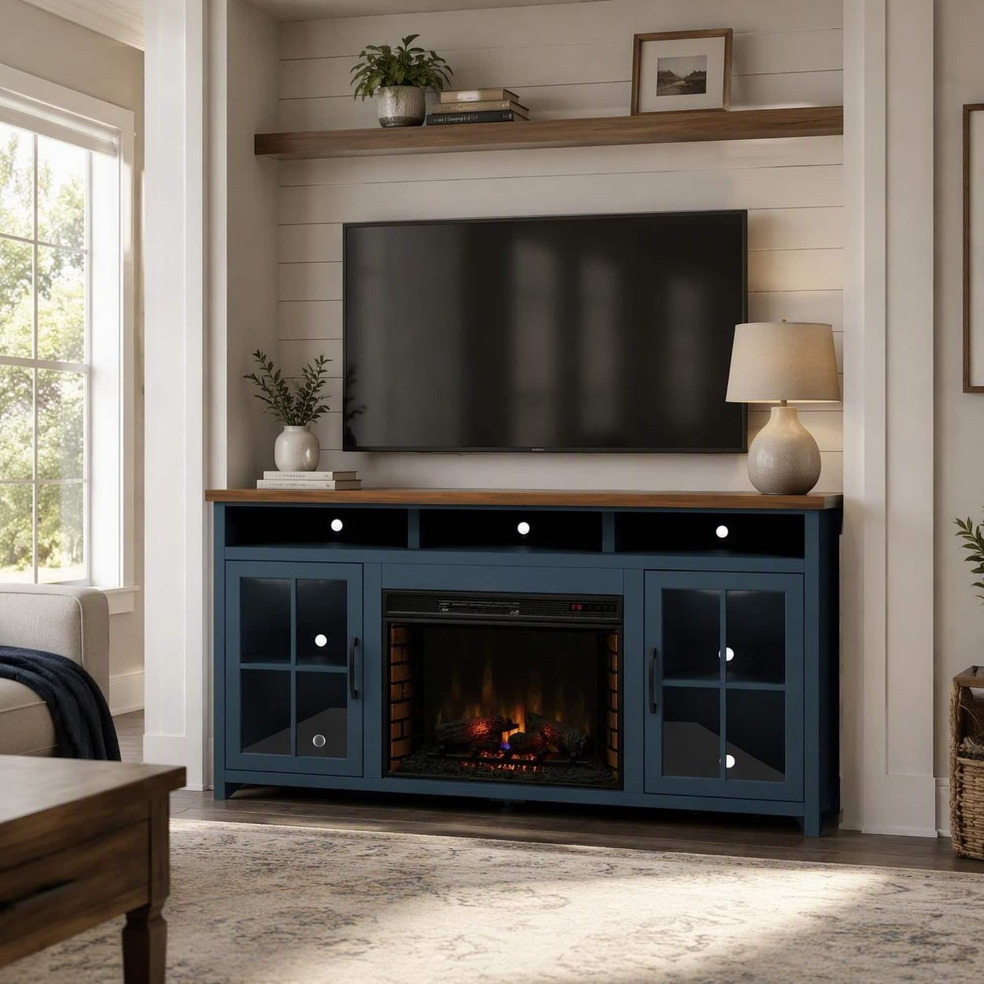 RYHNUYNE - 74 Inch Nantucket Farmhouse Fireplace TV Stand, Fits Up To 85 Inch TVs For Classic Living Room Media Storage - Blue