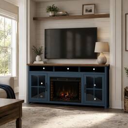 RYHNUYNE - 74 Inch Nantucket Farmhouse Fireplace TV Stand, Fits Up To 85 Inch TVs For Classic Living Room Media Storage - Blue