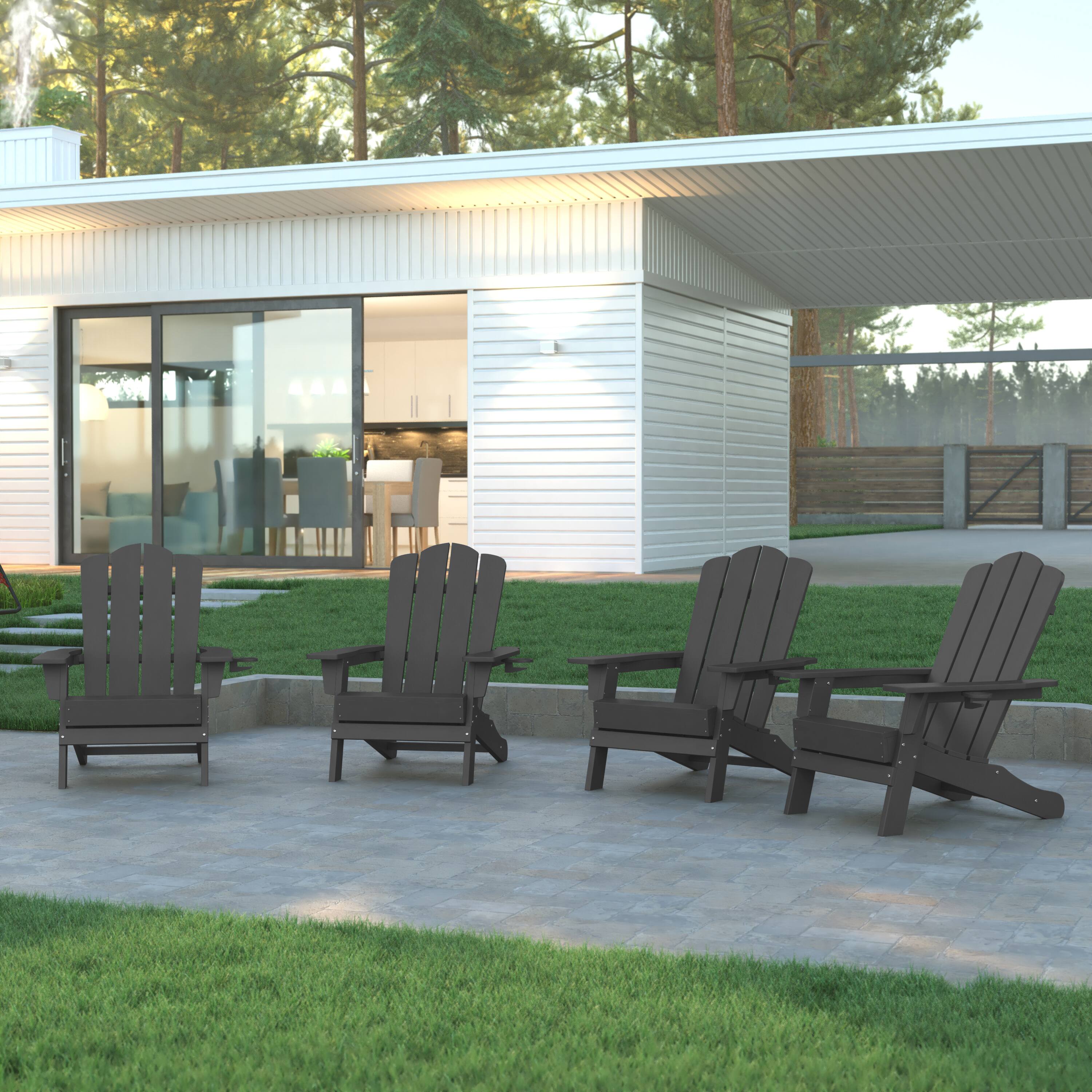Alt View 2. Emma + Oliver - Tiverton Set of 4 Adirondack Chairs with Cup Holders, Weather Resistant HDPE Adirondack Chairs - Gray.