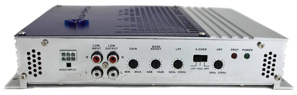 LOW INPUT OUTPUT GAIN BASS BOOST LPF X-OVER HPF PROT POWER  
R L  
MIN MAX 0dB 18dB 50Hz 250Hz  
LPF FULL HPF 50Hz 250Hz
