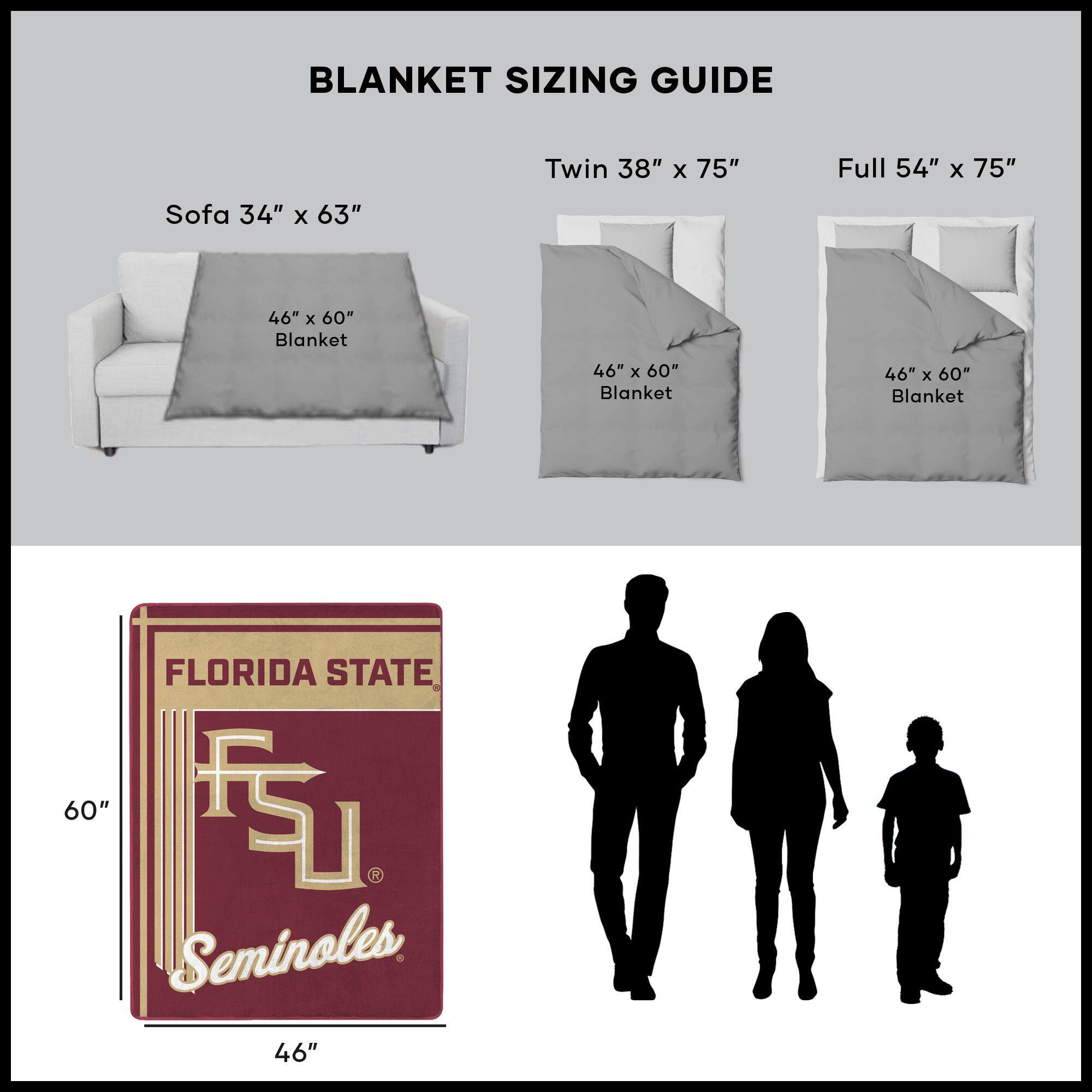 BLANKET SIZING GUIDE

Sofa 34" x 63"  
46" x 60" Blanket

Twin 38" x 75"  
46" x 60" Blanket

Full 54" x 75"  
46" x 60" Blanket

FLORIDA STATE  
60"  
46"  
Seminoles