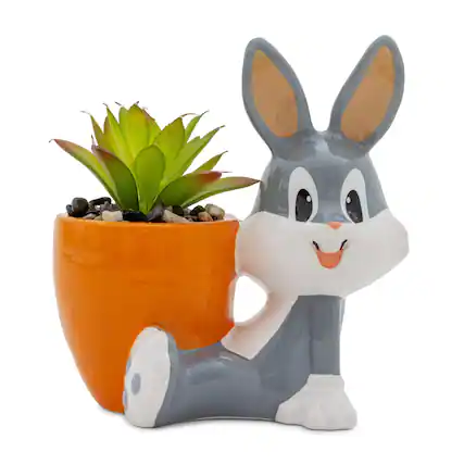 Front. Silver Buffalo - Looney Tunes Bugs Bunny 5-Inch Ceramic Mini Planter With Artificial Succulent - Multicolored.
