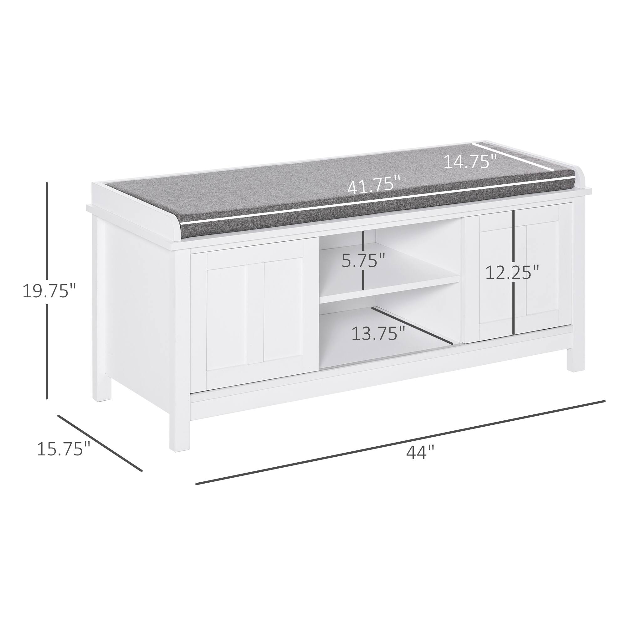 Width: 44"
Height: 19.75"
Depth: 15.75"
Top: 41.75" x 14.75"
Shelf: 5.75"
Door: 12.25"
Drawer: 13.75"