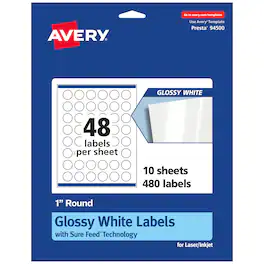Avery - Round Labels with Sure Feed, 1" Diameter, 480 Glossy Labels - White