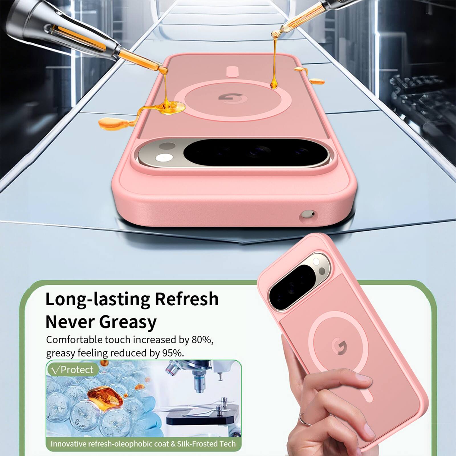 Long-lasting Refresh  
Never Greasy  
Comfortable touch increased by 80%, greasy feeling reduced by 95%.  
Protect  
Innovative refresh-oleophobic coat & Silk-Frosted Tech