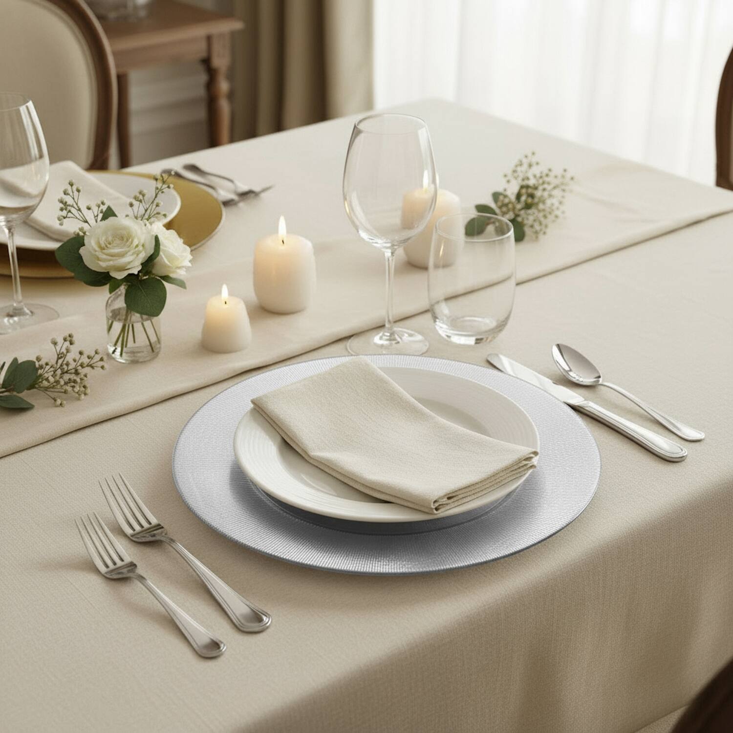 Angle. American Atelier - Light Silver Antique Glass Charger Plate 13" - Silver.